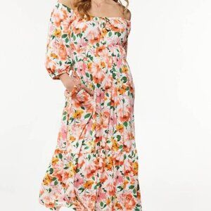 Cato Tropical Colorful floral 3/4 puff sleeve Scoop neck Midi Dress w/pockets, S